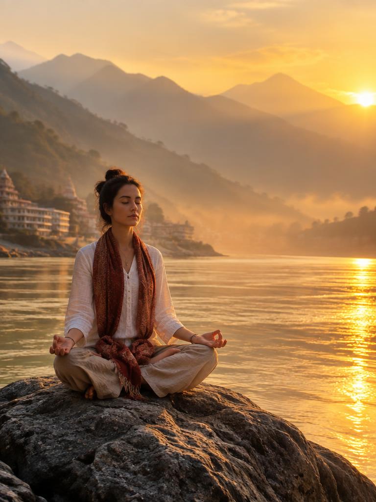 Meditation by the Ganga at sunrise